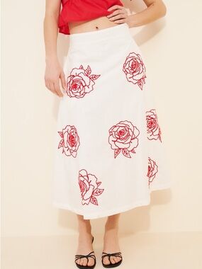 $260 NWOT Lusana Nova Poplin Cleo Floral Embroidered Skirt Sz Small